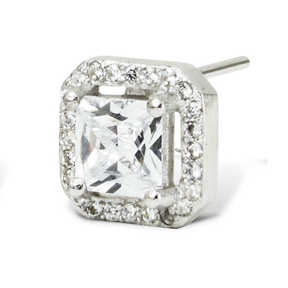 SAVVY CIE JEWELS Sterling Silver Asher Cut Halo CZ Stud Earrings